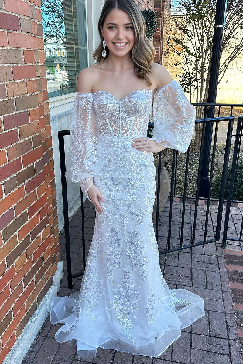 Mermaid Cute Sweetheart White Lace Long Prom Dresses